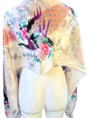 Peacock Silk Fringe Scarf Double Layer Boho Luxe Wrap Statement 72x24”